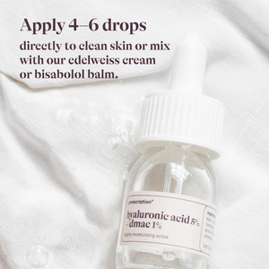 Prescription Skincare Hyaluronic Acid 5% + DMAE 1% 4 tot 6 druppels aanbrengen op de gereinigde huid of mengen met Edelweiss Cream of Hyaluloi Balm