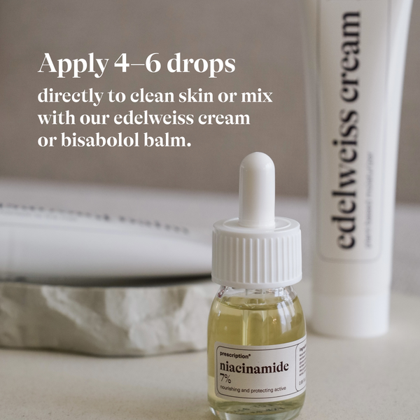 Prescription Skincare Niacinamide 7% 4 tot 6 druppels aanbrengen op de gereinigde huid of mengen met Edelweiss Cream of Bisabolol Balm
