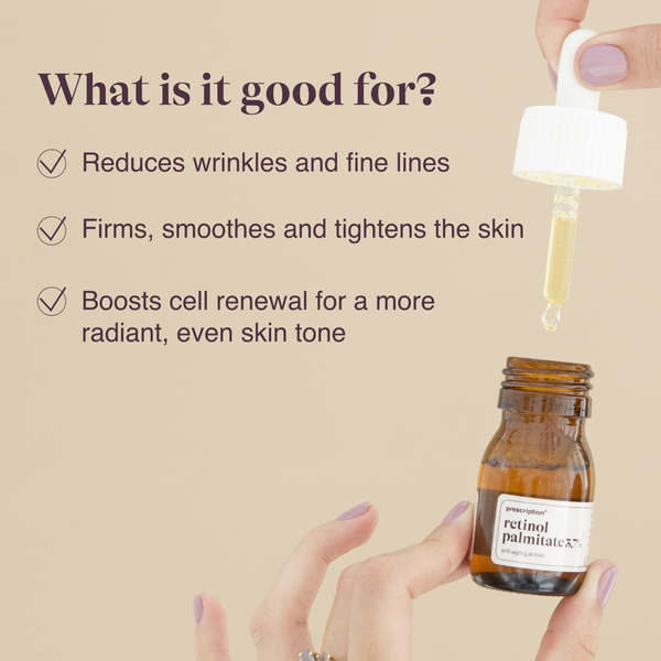 Prescription Skincare Retinol Palmitate 3.7% vermindert rimpels en fijne lijntjes, verstevigt en egaliseert de huid en stimuleert celvernieuwing
